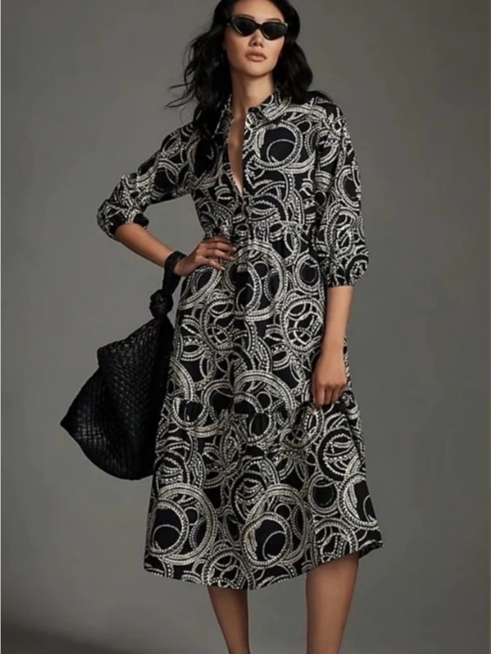 Maeve Anthropologie Bettina Tiered Midi Shirt Dress XXS Black White 100% Cotton